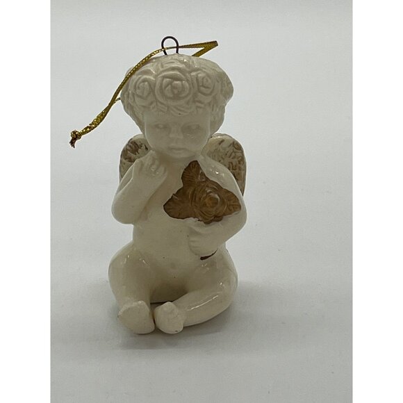 Set of 4 Ceramic White White Angel Ornaments with Gold Instruments and Wings 2" - Picture 2 of 8
